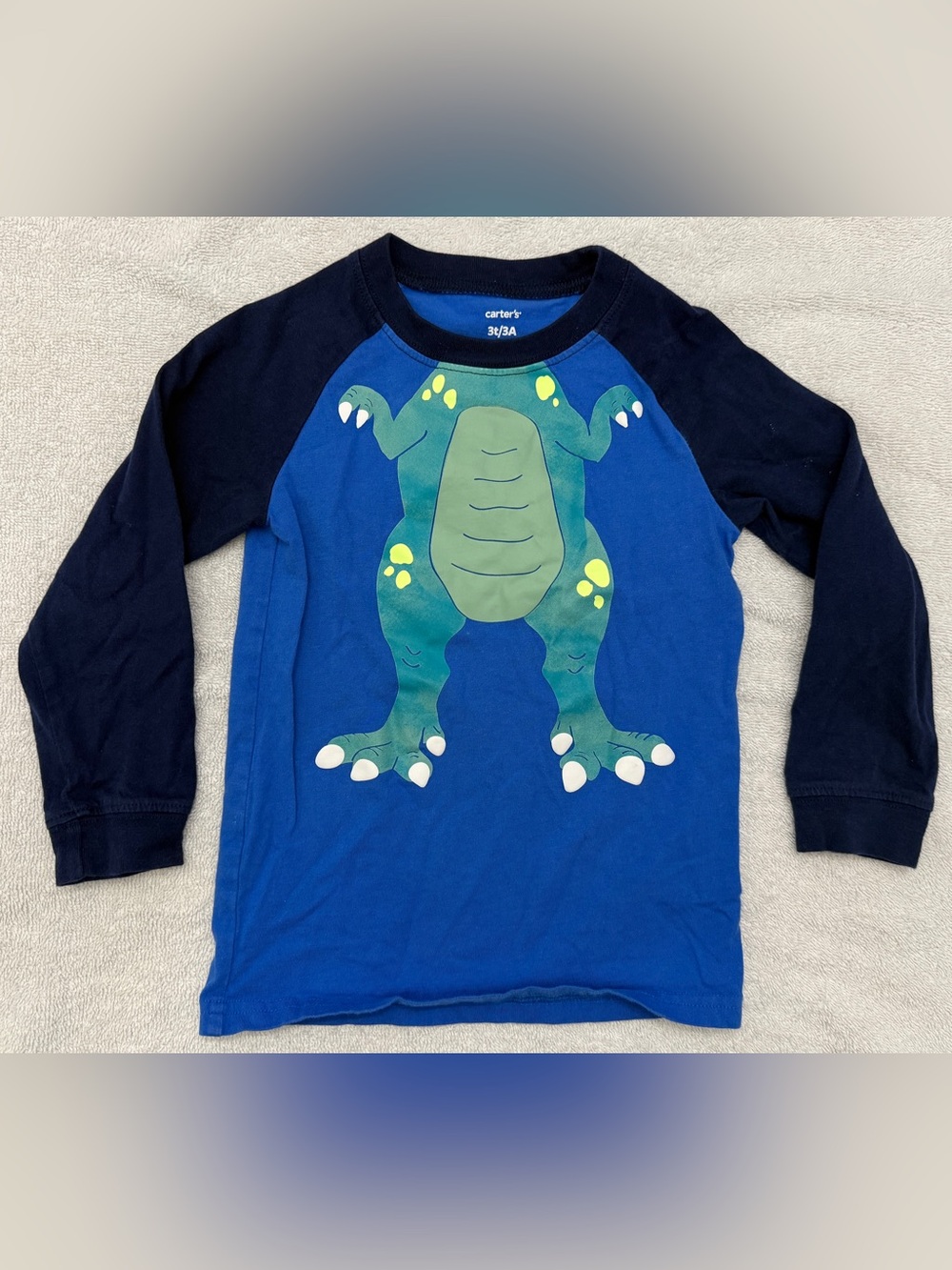 Carter's Blue & Navy Raglan Long Sleeve Shirt with Green Dino Graphic